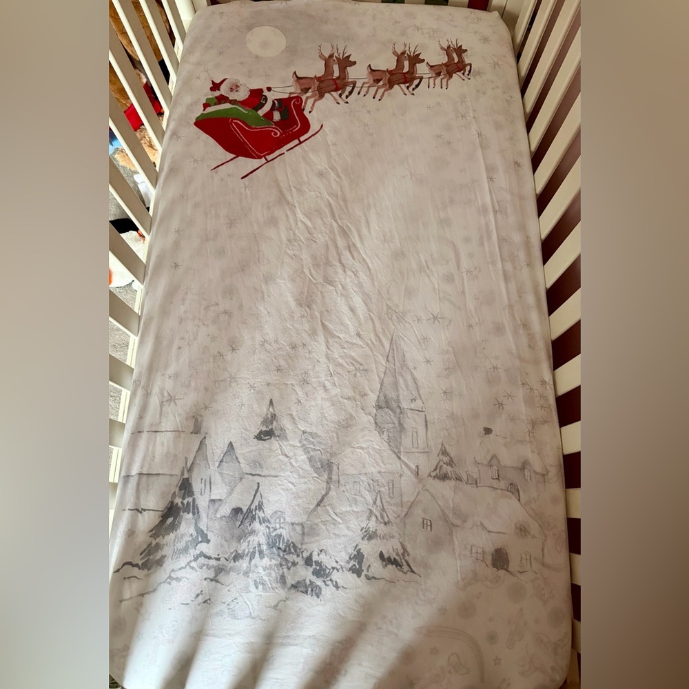 Pottery Barn Kids Holiday Blanket with Santa and Reindeer - Red and White